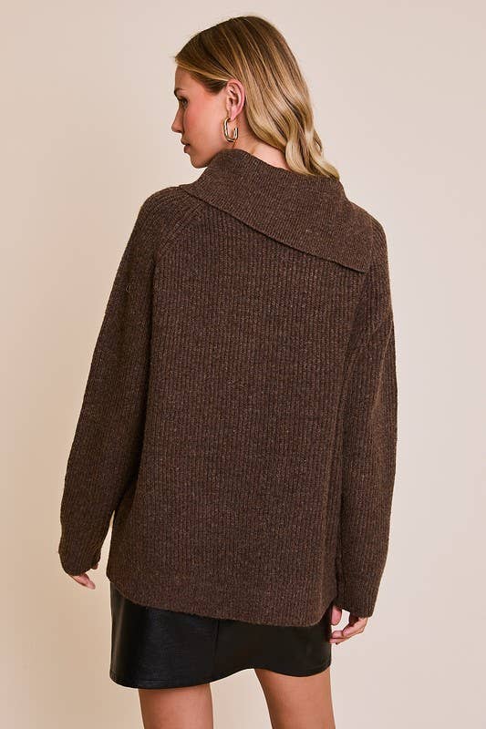 Long Sleeve Asymmetrical Cut Out Ribbed Sweater: Brown