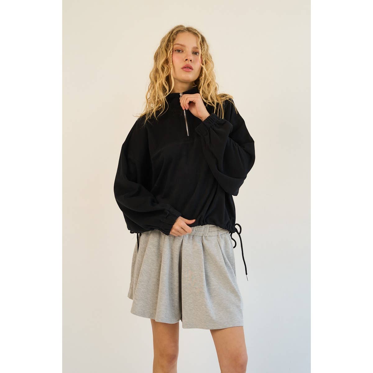 The GREii - Premium Terry Half-Zip Pullover with Adjustable Drawstring H: BLACK / L