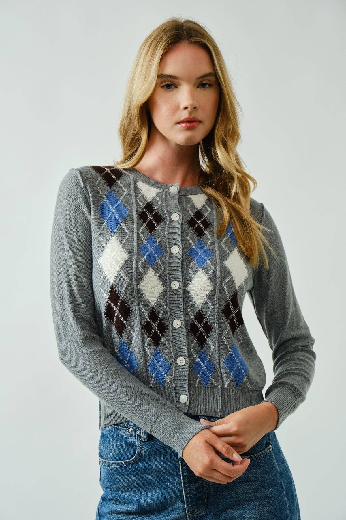 Aaron & Amber - AJT5092 RELAXED FIT ARGYLE SWEATER CARDIGAN: TAUPE / S