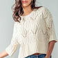 Knit Sweater Crochet Round Neck Short Sleeve Top: CREAM