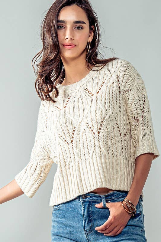 Knit Sweater Crochet Round Neck Short Sleeve Top: CREAM
