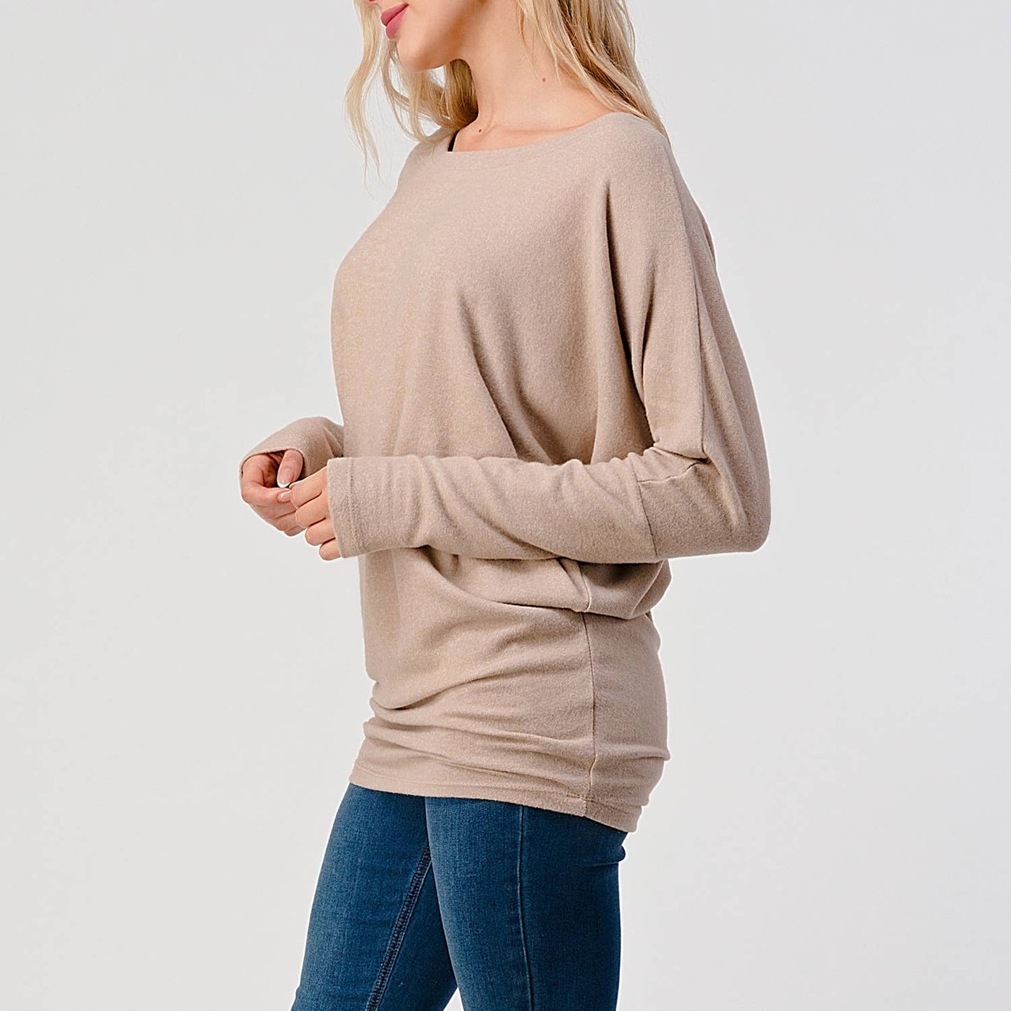 Heimious - Long Dolman Sleeve Round Neck Brushed Knit Top, 2739: Navy / S