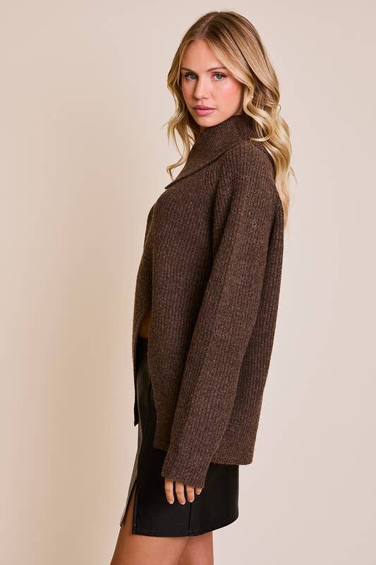 Long Sleeve Asymmetrical Cut Out Ribbed Sweater: Brown