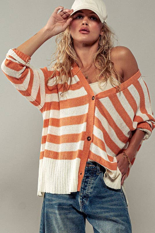 Cozy and Free Striped Cardigan: BURNT SIENNA/CREAM