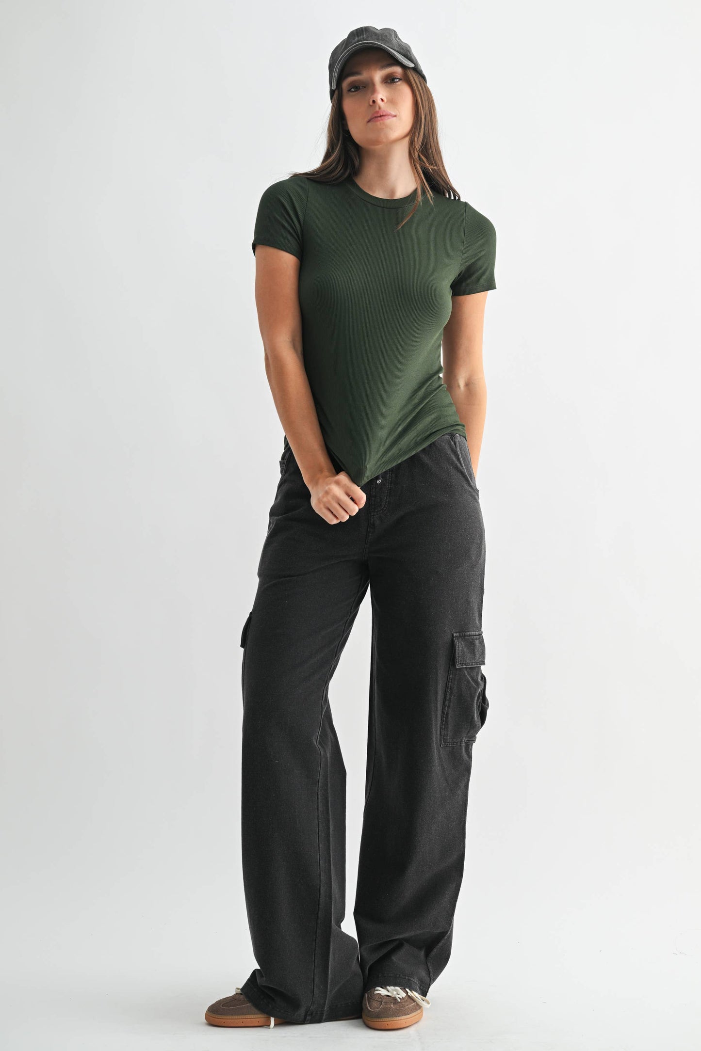 Mono B - Essential Short-Sleeved Micro-Ribbed Athleisure Top: DEEP FOREST / S:M:L (2:2:2)