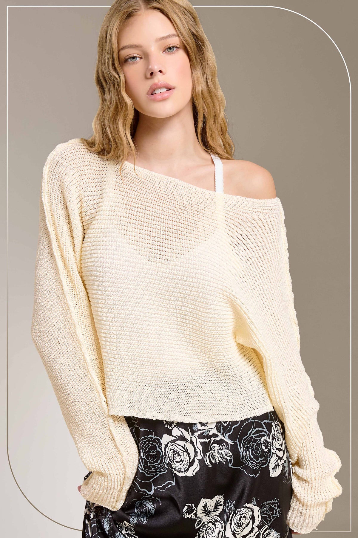 La Miel - JDS3608-Boat Neck Off Shoulder Dolman Sleeve Sweater Fall: Denim / L