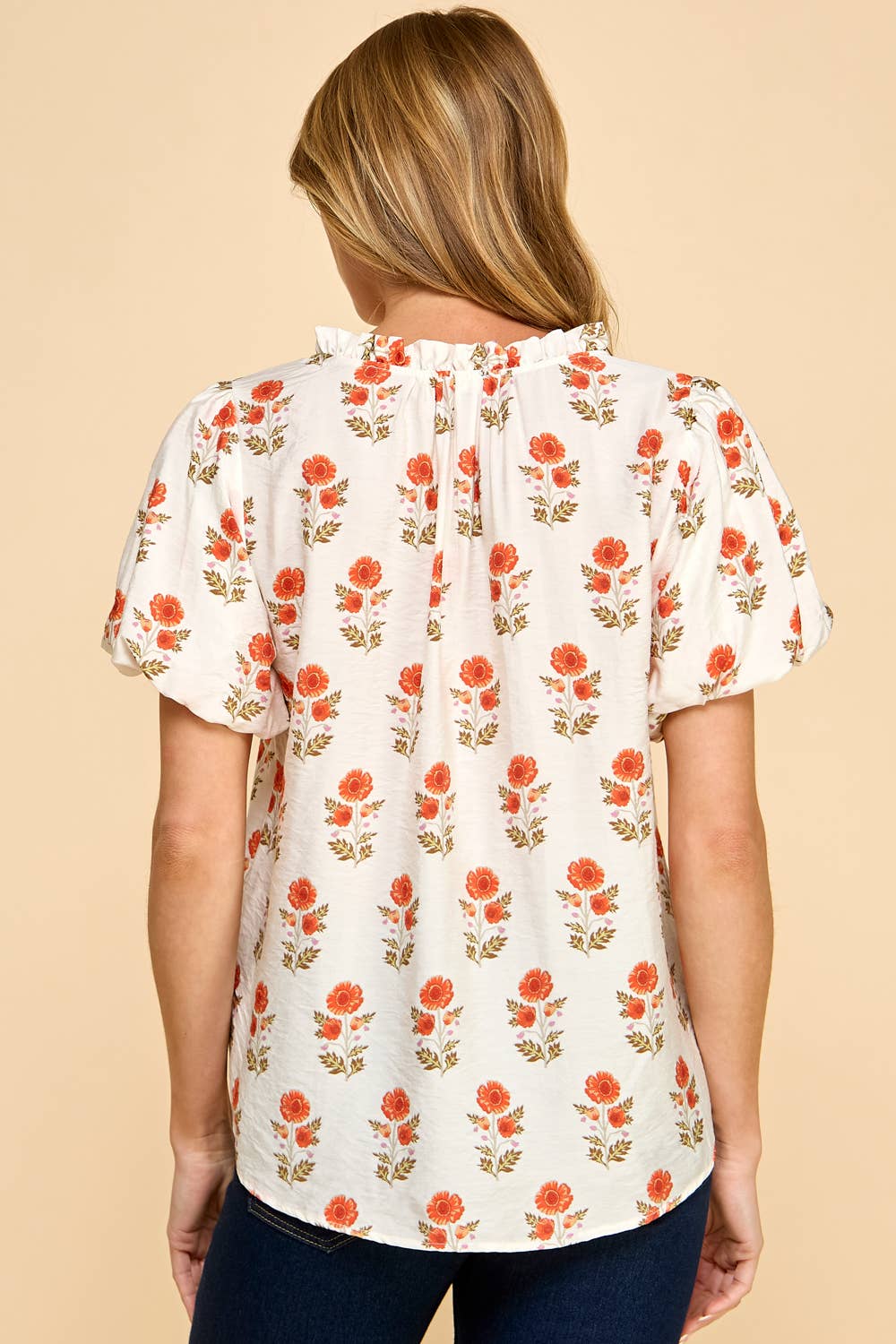 Les Amis - Floral Puff Sleeve Blouse: Off White / M