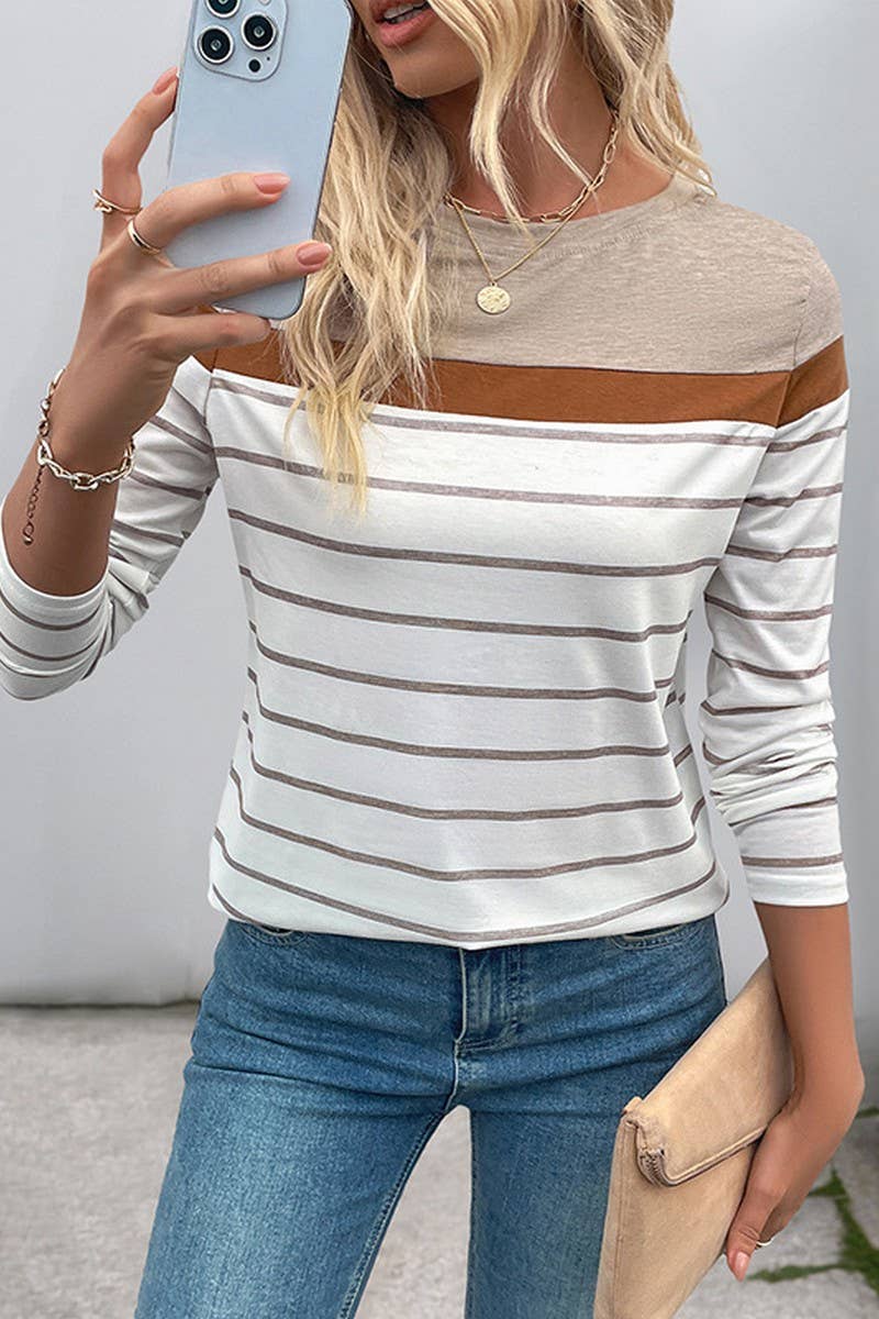 NINEXIS - CWTBLL4033_VINTAGE CASUAL STRIPED LONG SLEEVE TEE: KHAKI / (M) 1