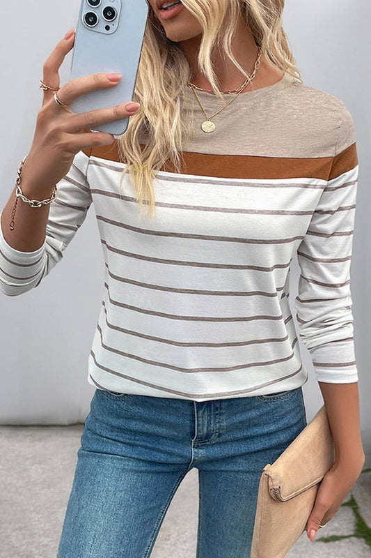 Vintage Casual Striped Long Sleeve Tee: KHAKI