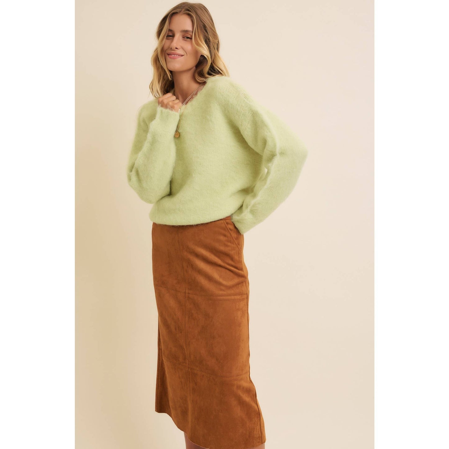 Fluffy Brushed Long-sleeved Round Neck Sweate: SAGE