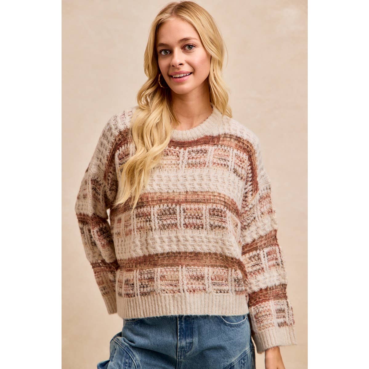 BiBi - VINTAGE SOFT CHECK PATTERN CHUNKY KNIT SWEATER: MOCHA MULTI / L