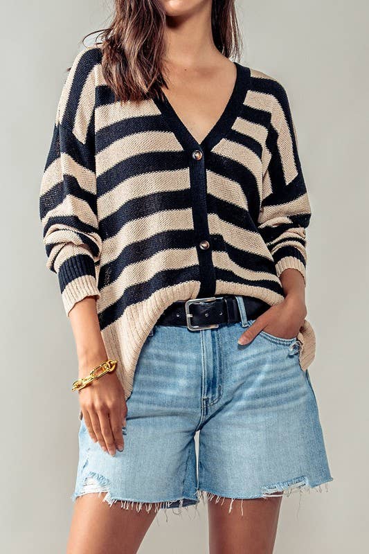 Cozy and Free Striped Cardigan: TAUPE/BLACK