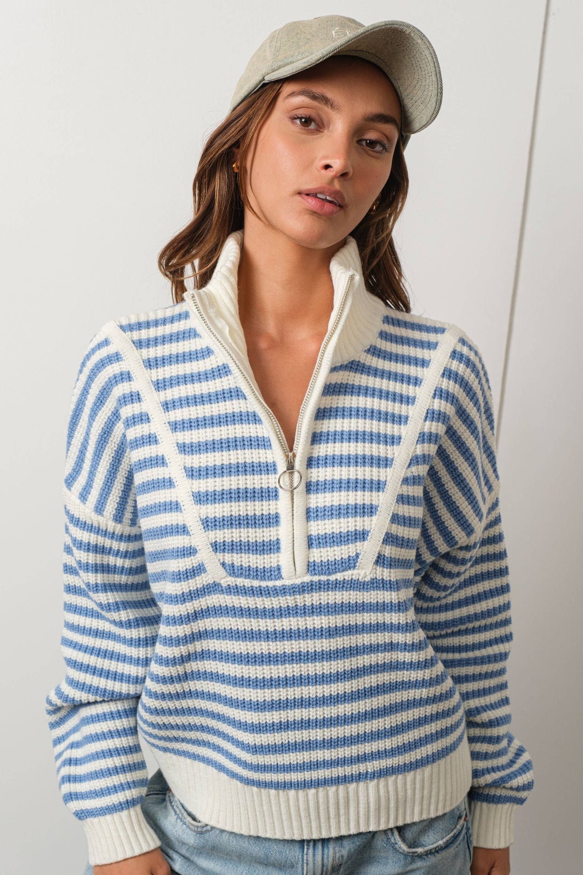 Creamon - Preppy Californian Half-zip Striped Sweater-BLUE: BLACK / M