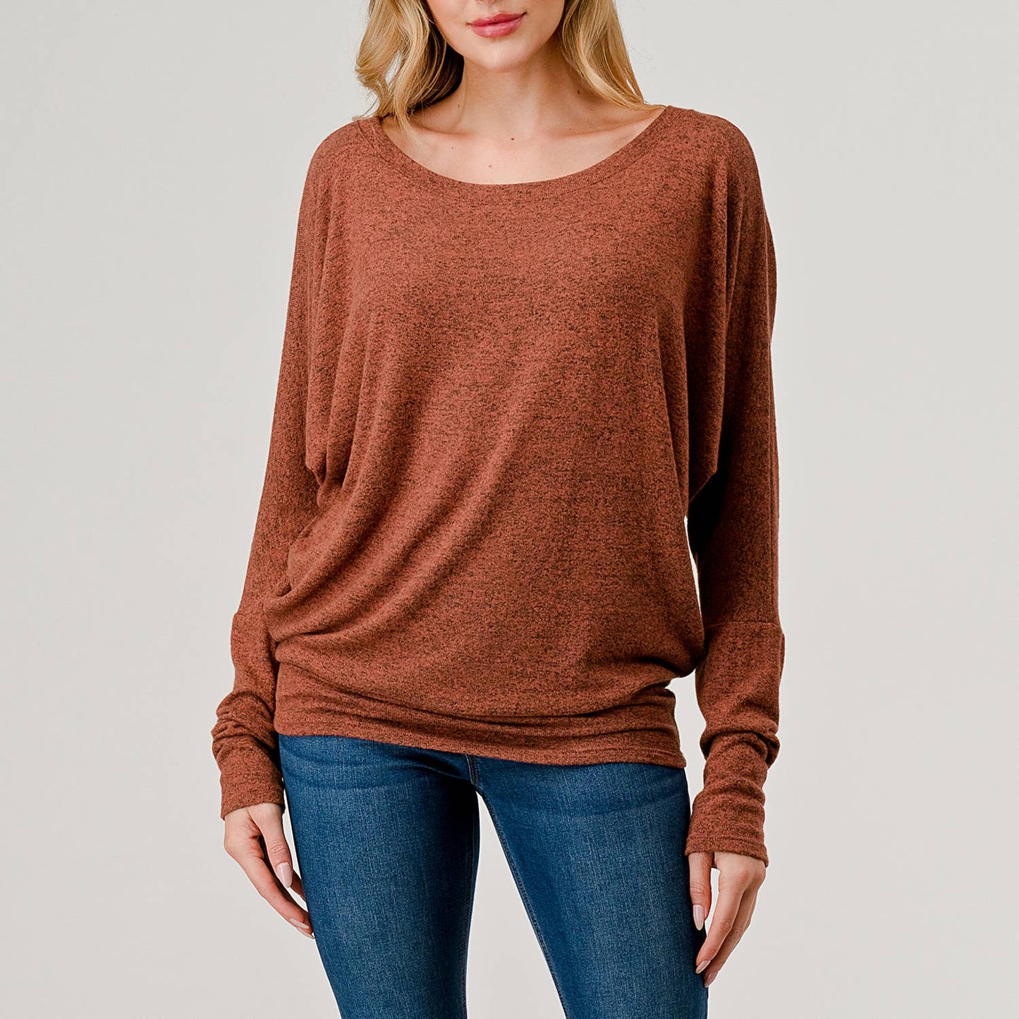 Heimious - Long Dolman Sleeve Round Neck Brushed Knit Top, 2739: Navy / S