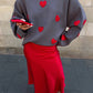 Ladies Color Block Heart Pullover Sweater: GREY