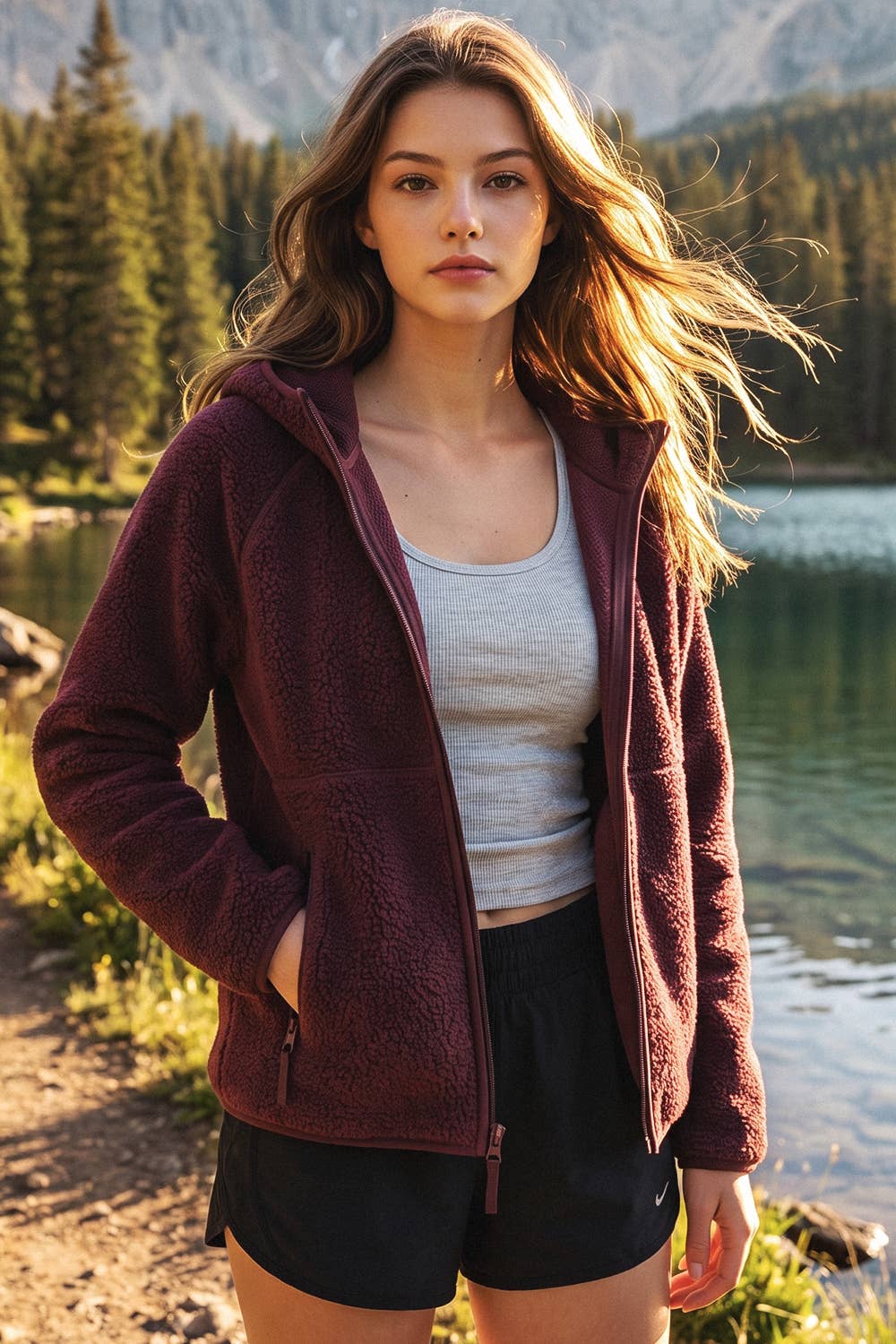 Bluivy - SOFT SHERPA FLEECE ZIPPER FRONT HOODIE JACKET: WINE / M