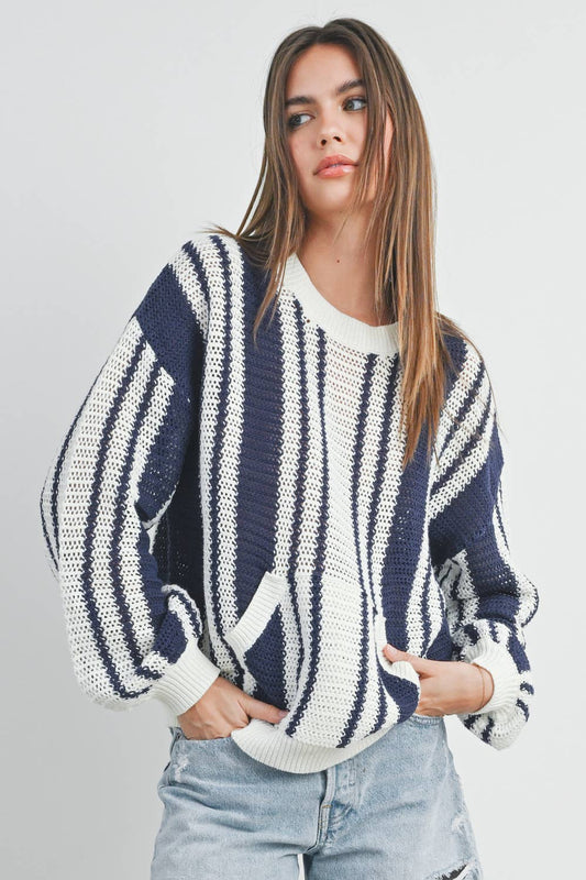 Drop Shoulder Striped Pattern Sweater: IVORY / NAVY