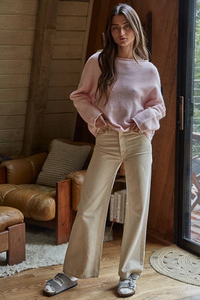 By Together - W2114 | Knit Sweater Rolled Round Neck Pullover Top: Green / M