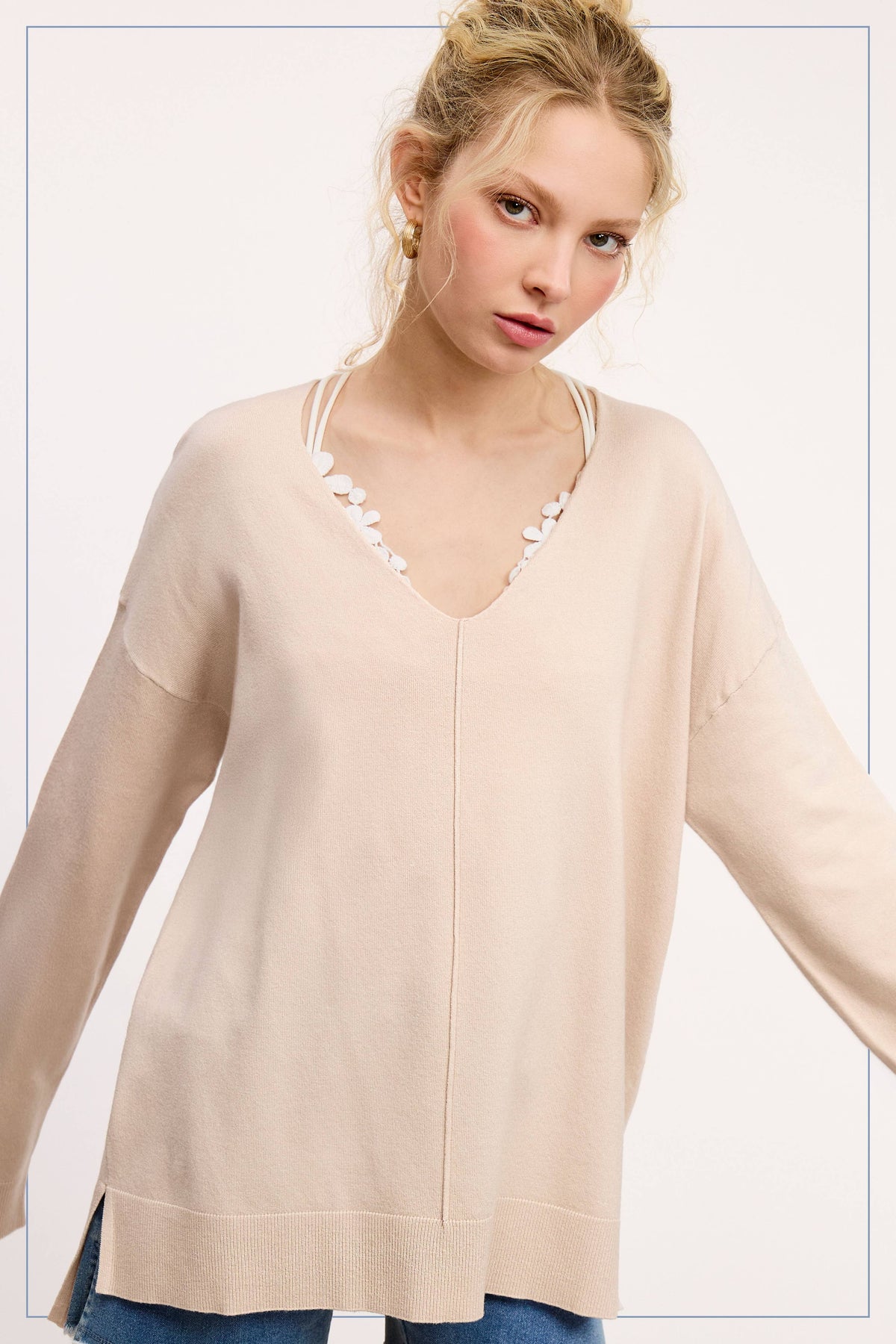 La Miel - JBS3122-V-neck Long Sleeve Lightweight Knit Top Christmas: Apple Green / S