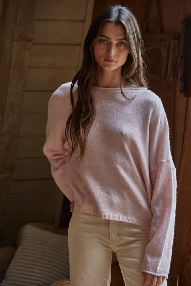 By Together - W2114 | Knit Sweater Rolled Round Neck Pullover Top: Green / M