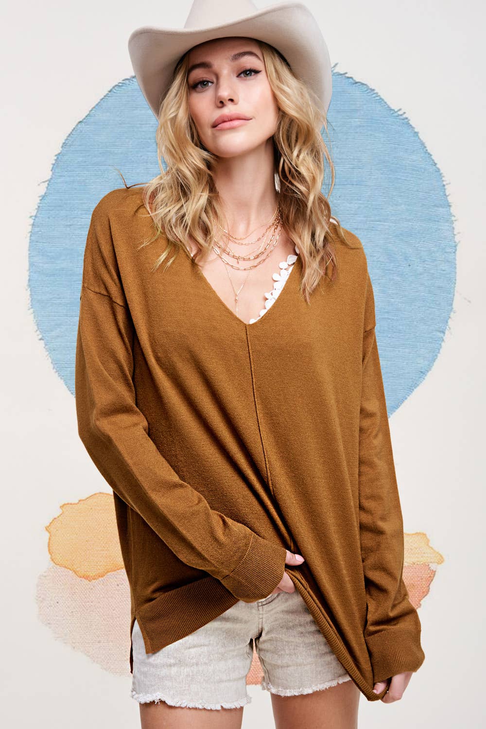 La Miel - JBS3122-V-neck Long Sleeve Lightweight Knit Top Christmas: Apple Green / M