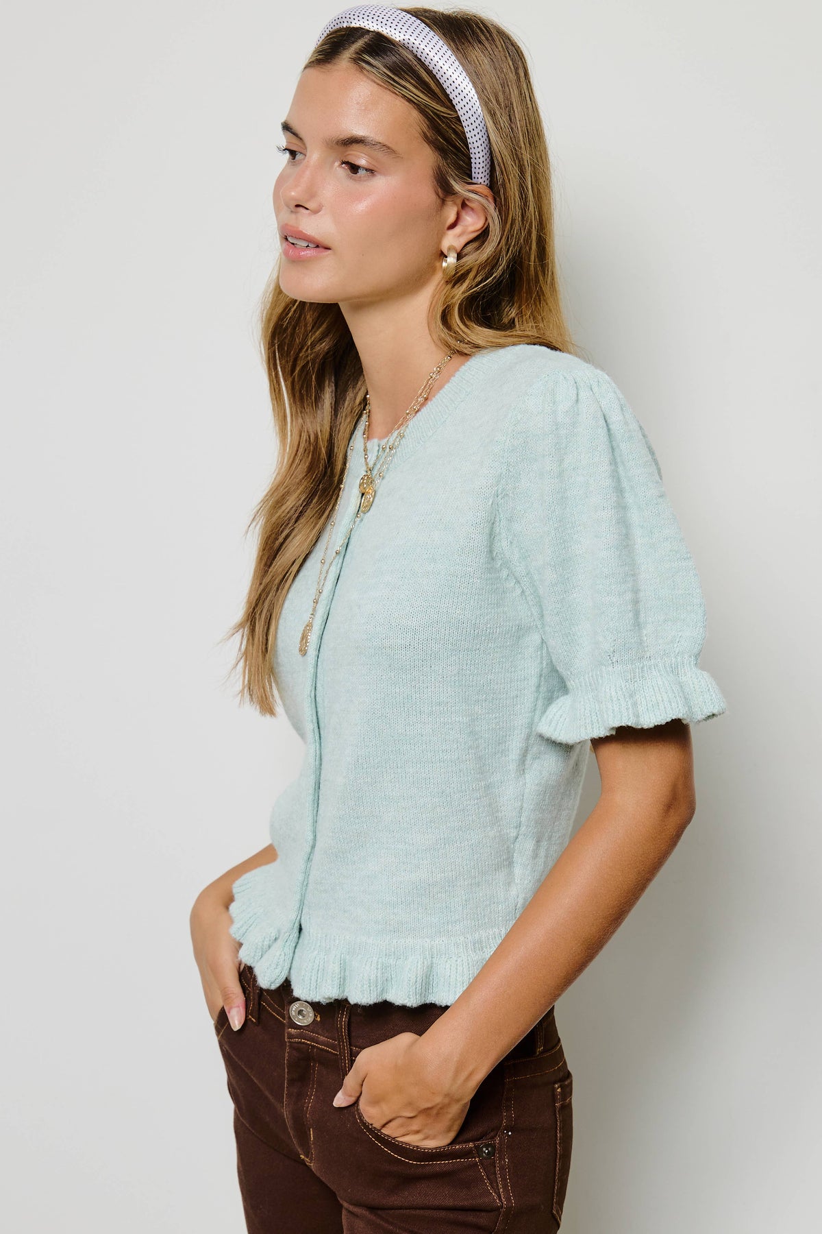 Mimosa - Puff Sleeve Ruffle Hem Knit Cardigan: Ivory / M