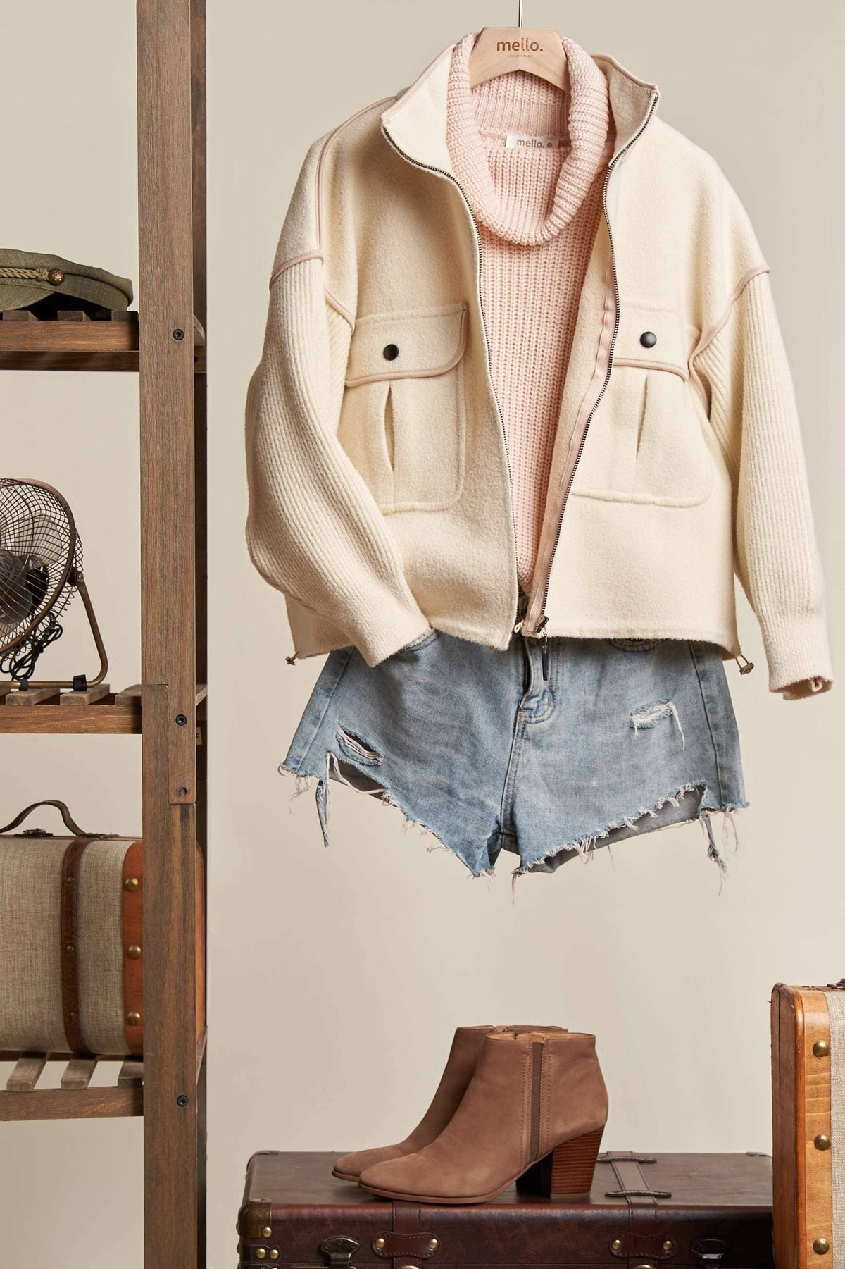 Mello. - Oversize Jacket with Knit Sleeve: Cream / ML