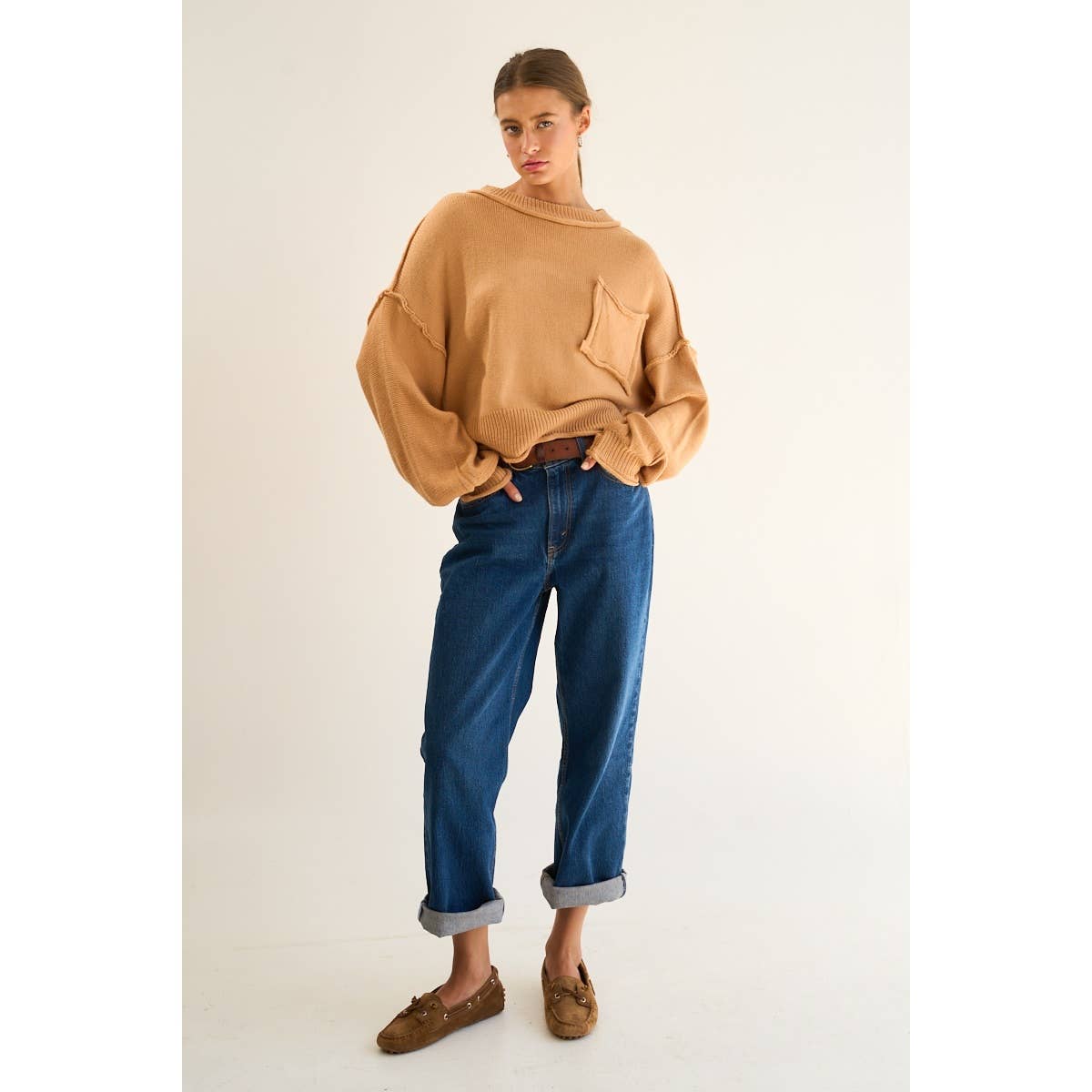 The GREii - Exposed Seam Knit Sweater: CAMEL / S