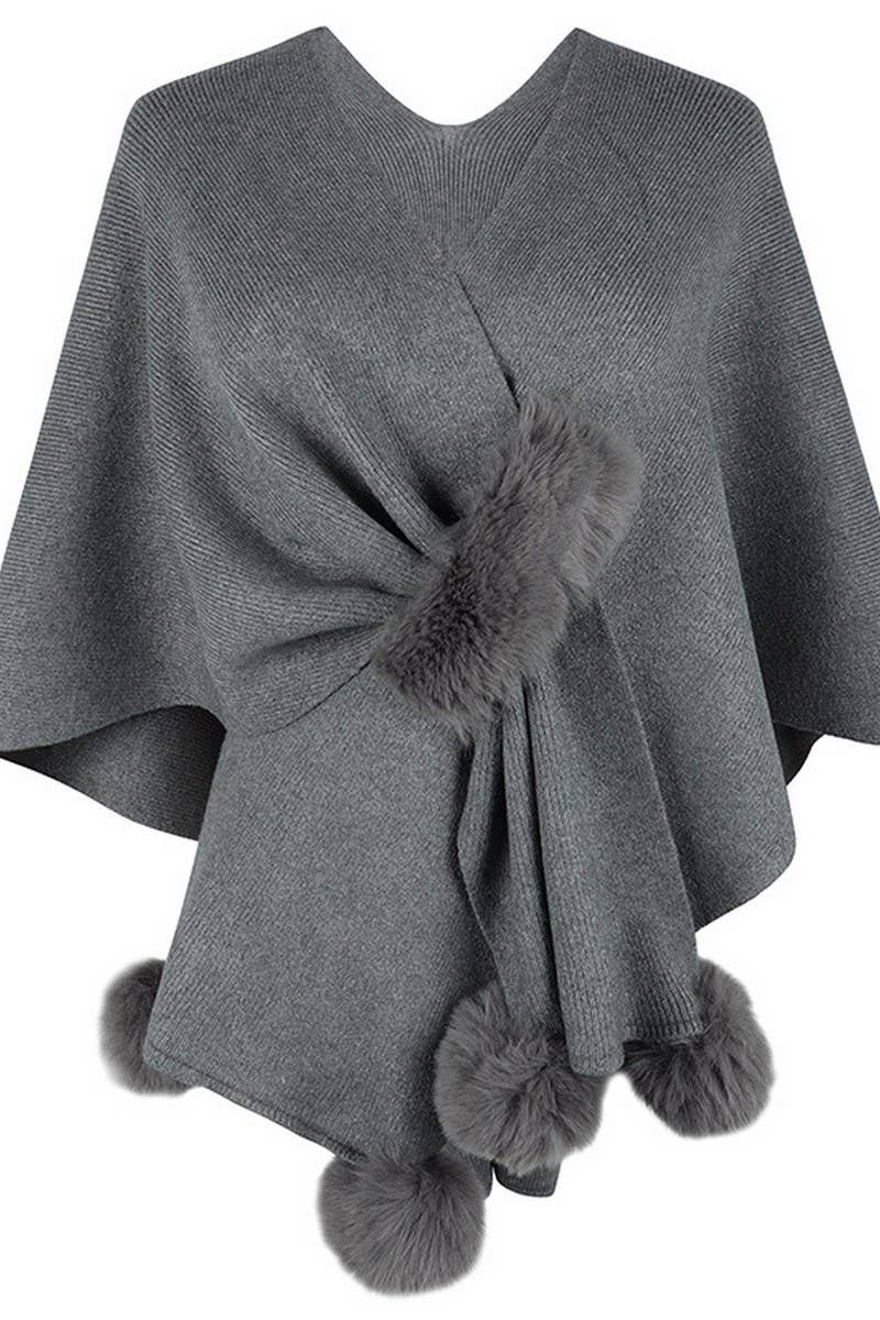 NINEXIS - CWOCAS0052_SOLID COLOR WOOL BALL CAPE KNITTED SHAWL: BLACK / (OS) 1