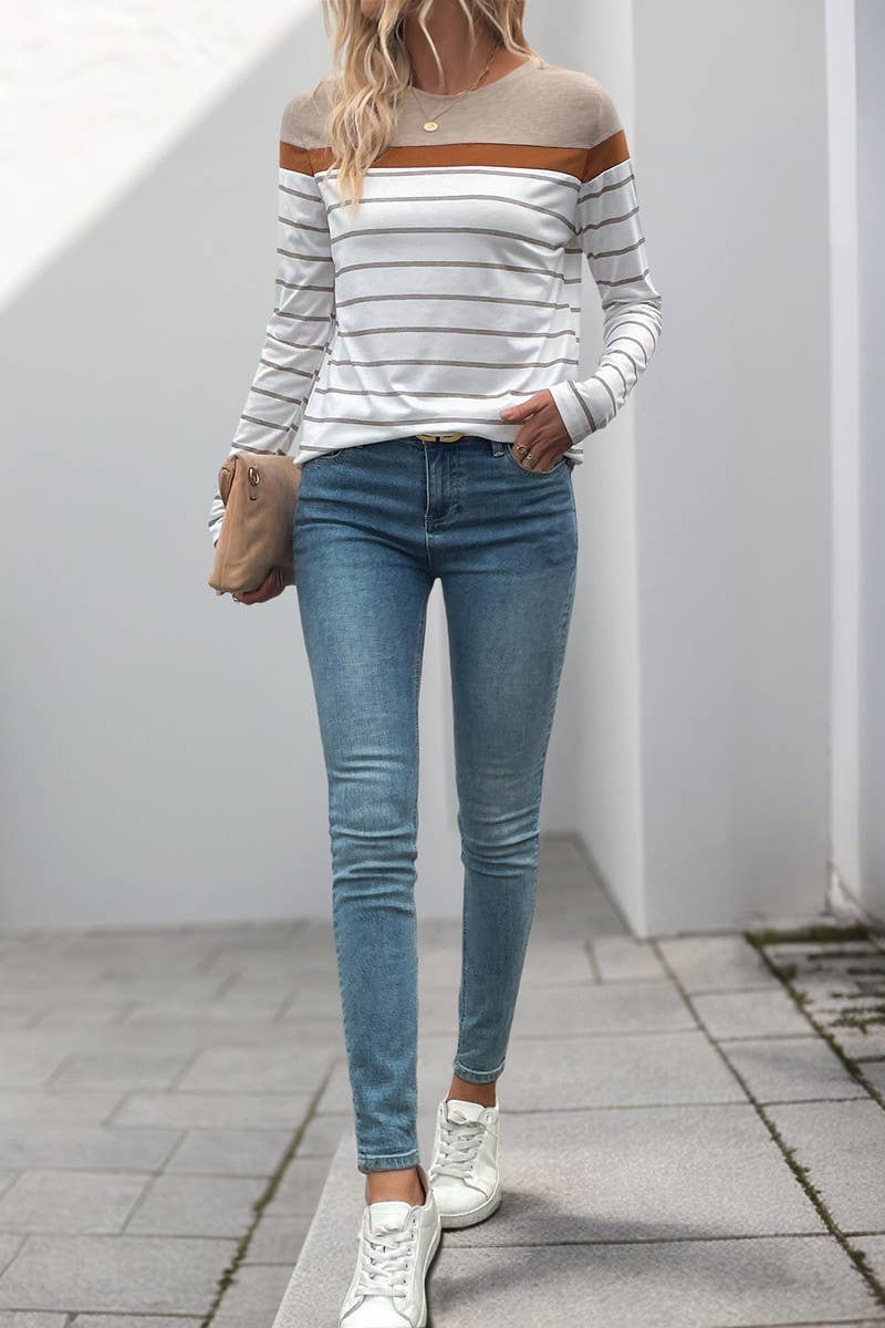 NINEXIS - CWTBLL4033_VINTAGE CASUAL STRIPED LONG SLEEVE TEE: KHAKI / (S) 1