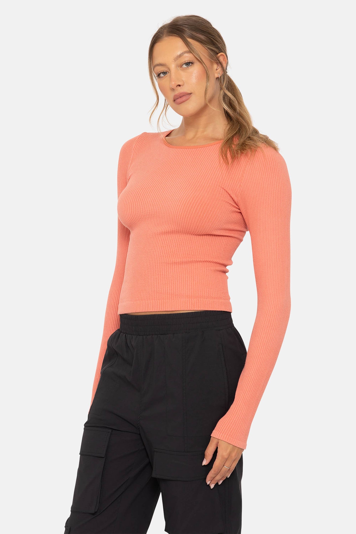 Seamless Ribbed Long Sleeve Top: BLACK