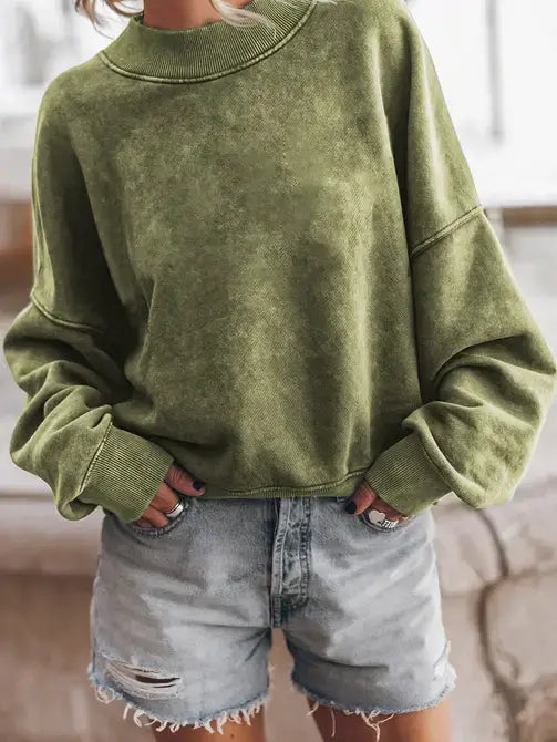 Lovesoft - Green Drop Shoulder Crew Neck Pullover Sweatshirt: Brown / 75%Polyester+25%Cotton / S