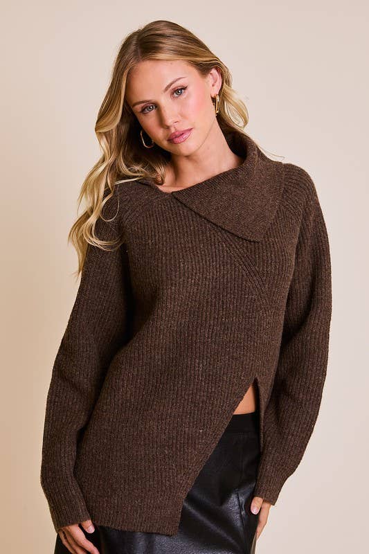 Long Sleeve Asymmetrical Cut Out Ribbed Sweater: Brown