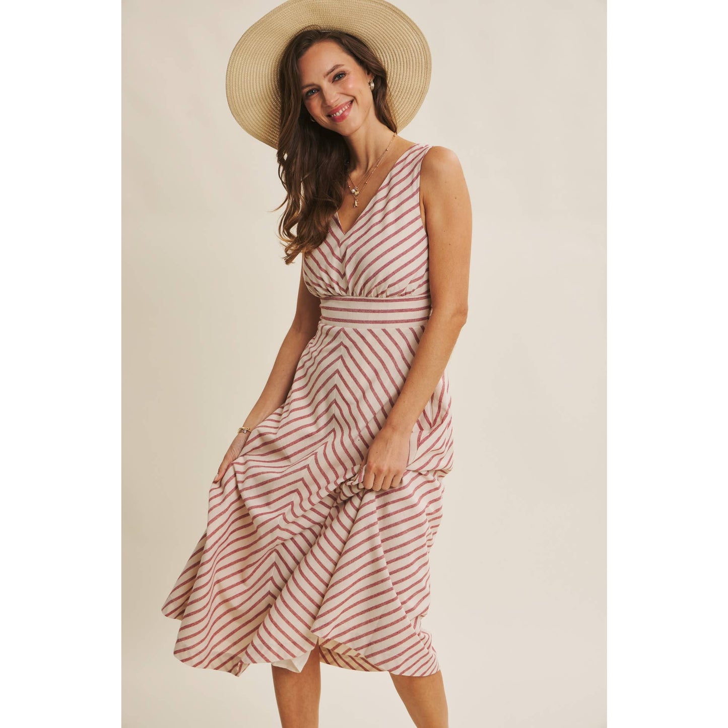 in february - SOFT-GLOW COTTON BLEND LUREX STRIPE FIT AND FLARE MIDI DRESS: RED / M