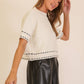 Lumiere - Contrast Stitch Soft Knit Short Sleeve Sweater Top: Cream/Black / M