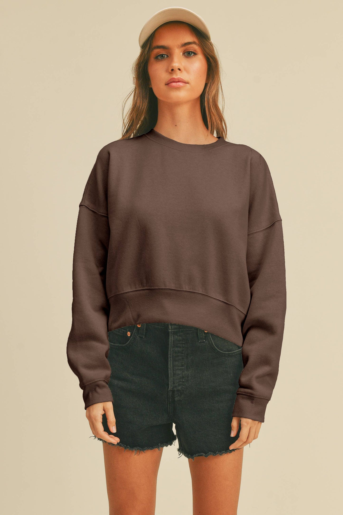 Honestee - Blank Short Cropped Long Sleeve Sweatshirt: Burgundy / XL