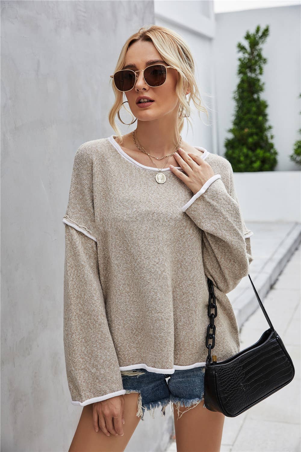 Casual Crew Neck Pullover Long Sleeve Sweater: GREY