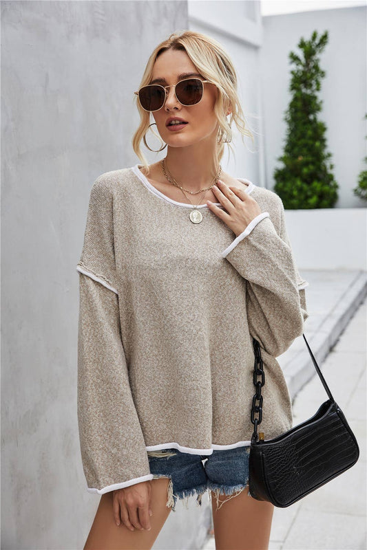 Casual Crew Neck Pullover Long Sleeve Sweater: KHAKI