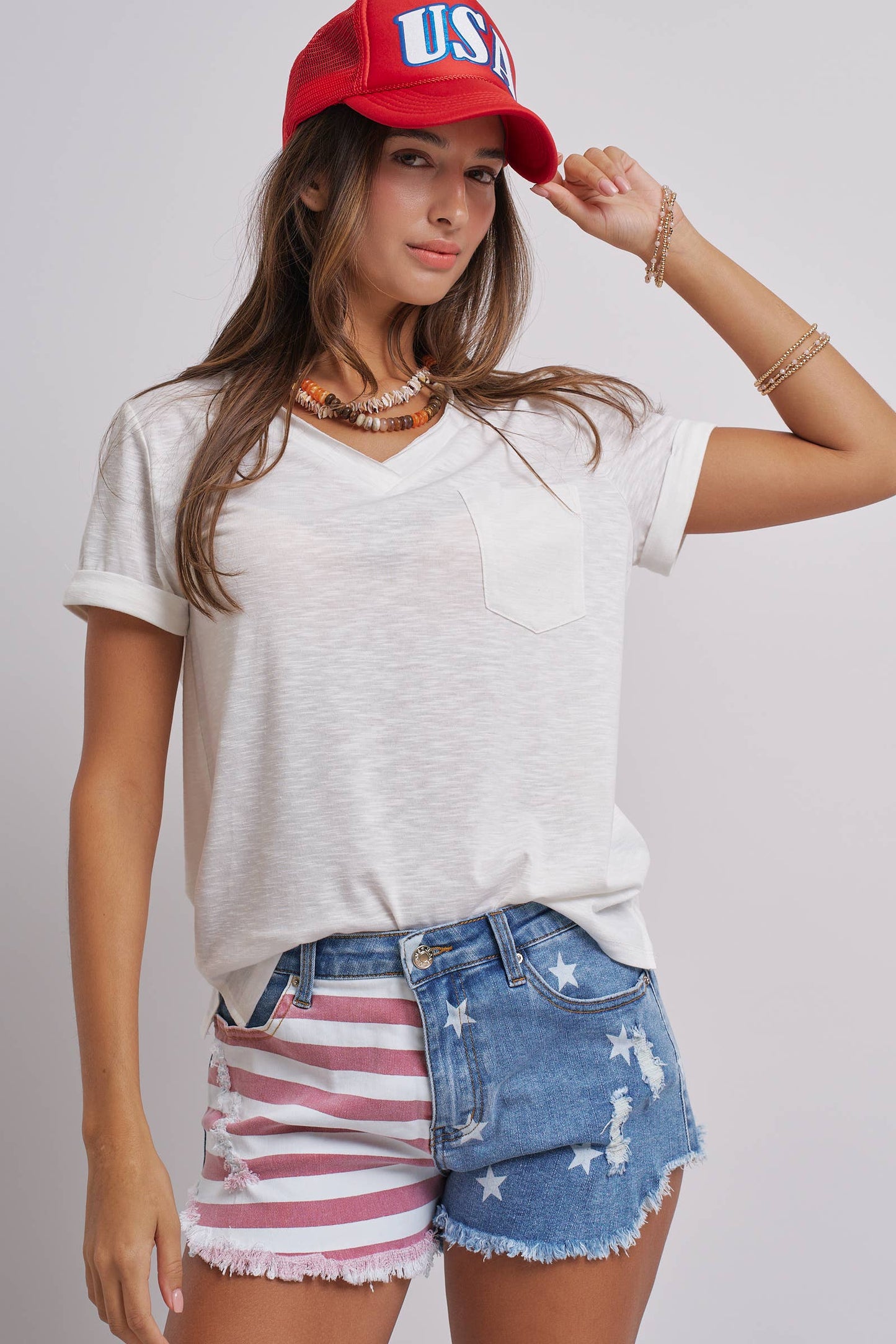 Urban Daizy - Rolled Sleeve V-Neck Pocket Tee: IVORY / S-2/M-2/L-2