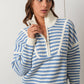 Creamon - Preppy Californian Half-zip Striped Sweater-BLUE: BLACK / L