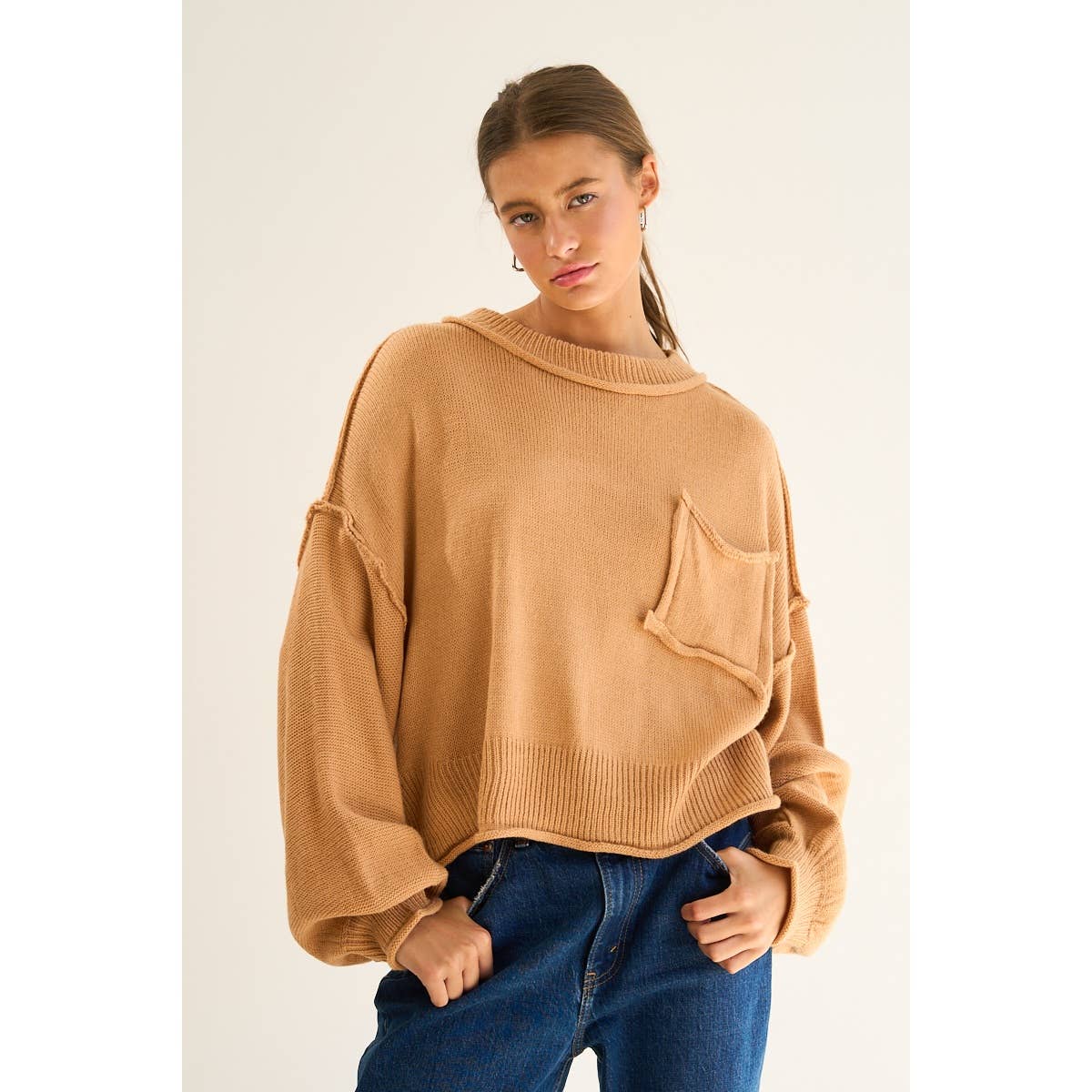 The GREii - Exposed Seam Knit Sweater: CAMEL / L