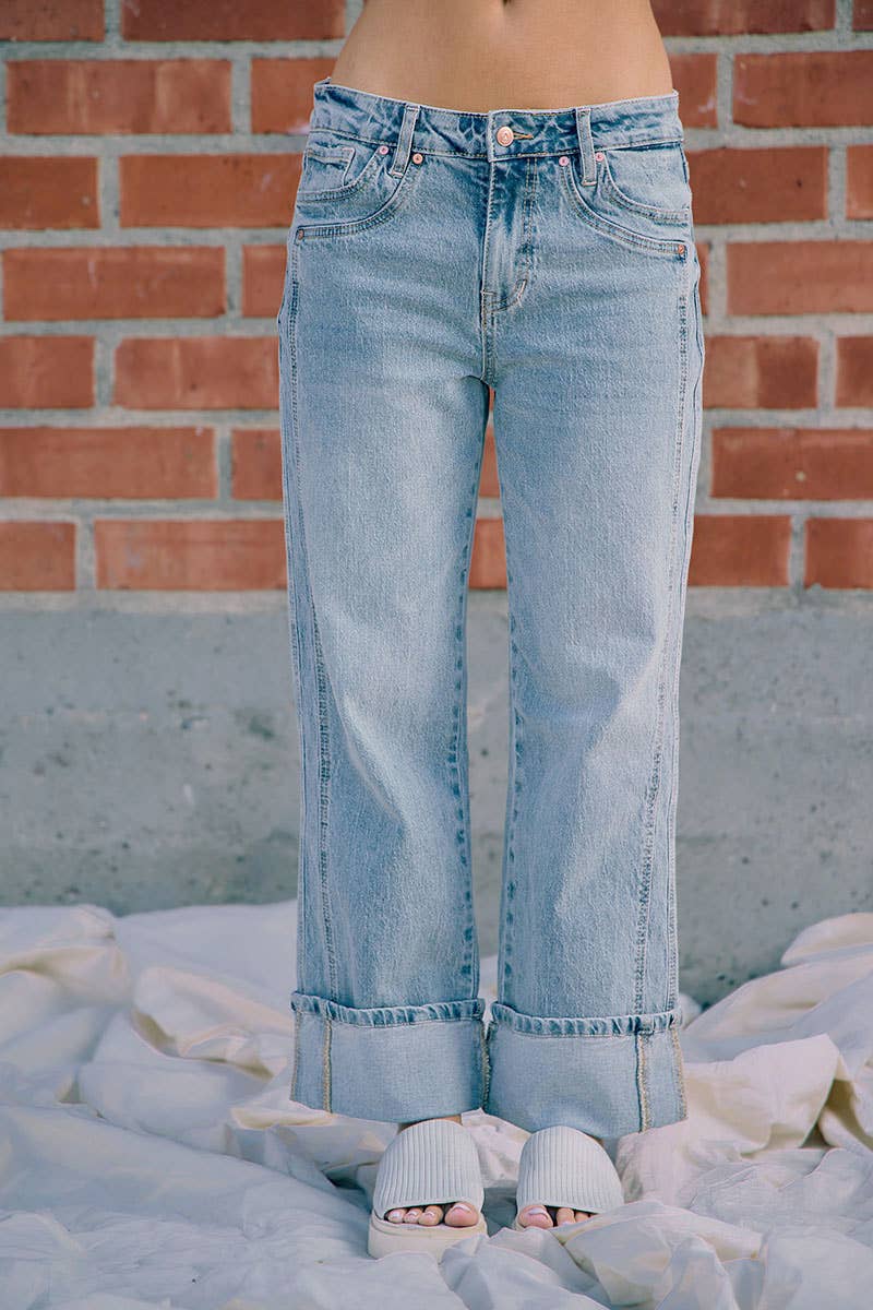 BiBi - VINTAGE WASHED STRAIGHT JEANS WITH SIDE STITCH DETAIL: WASHED DENIM / XL
