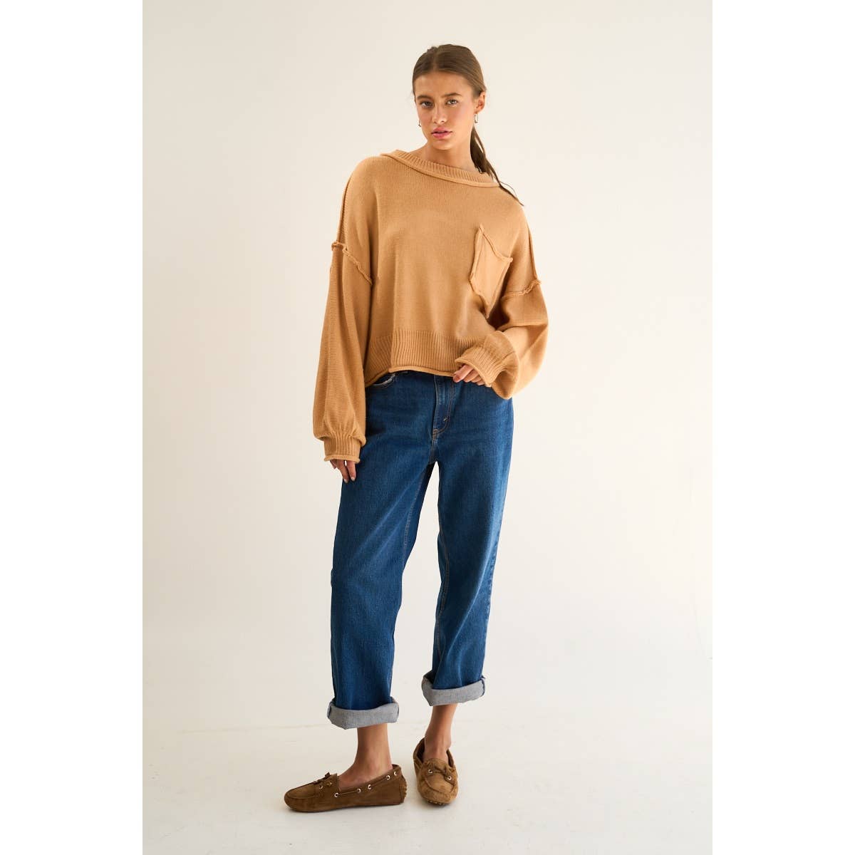 The GREii - Exposed Seam Knit Sweater: CAMEL / L