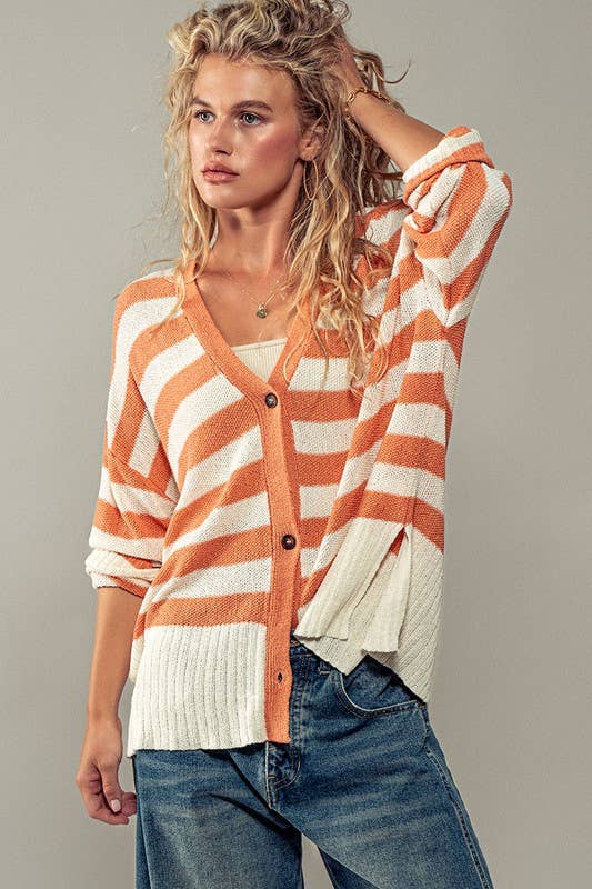 Cozy and Free Striped Cardigan: TAUPE/BLACK