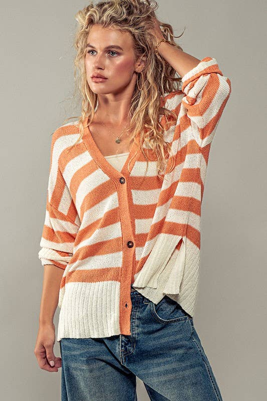 Cozy and Free Striped Cardigan: BURNT SIENNA/CREAM