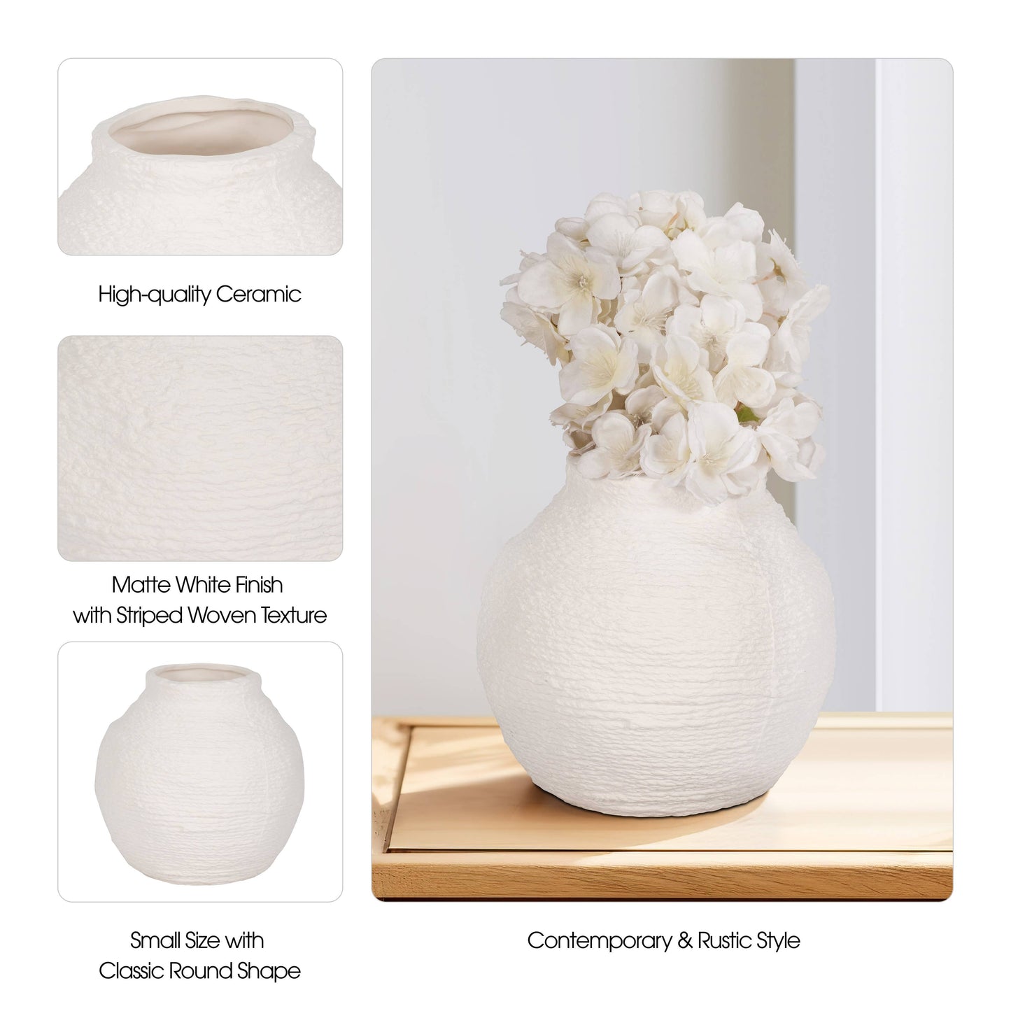 Sagebrook Home - Decorative Vase - White Ceramic Woven Textured Coastal, 7 in