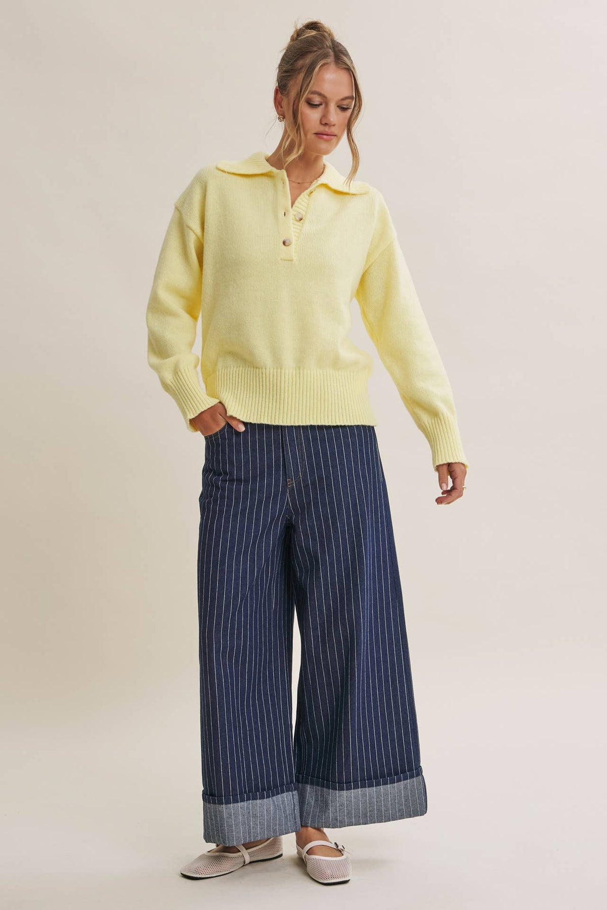 in february - MORNING LIGHT UPLIFTING SOFT PASTEL POLO SWEATER TOP: BUTTER YELLOW / S