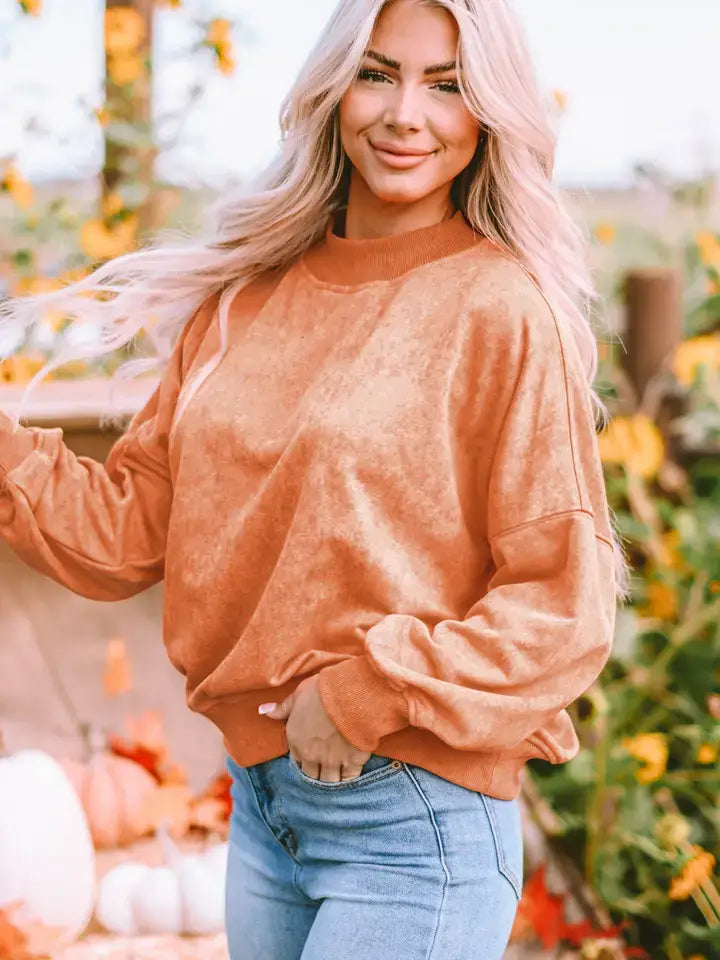 Lovesoft - Green Drop Shoulder Crew Neck Pullover Sweatshirt: Brown / 75%Polyester+25%Cotton / S