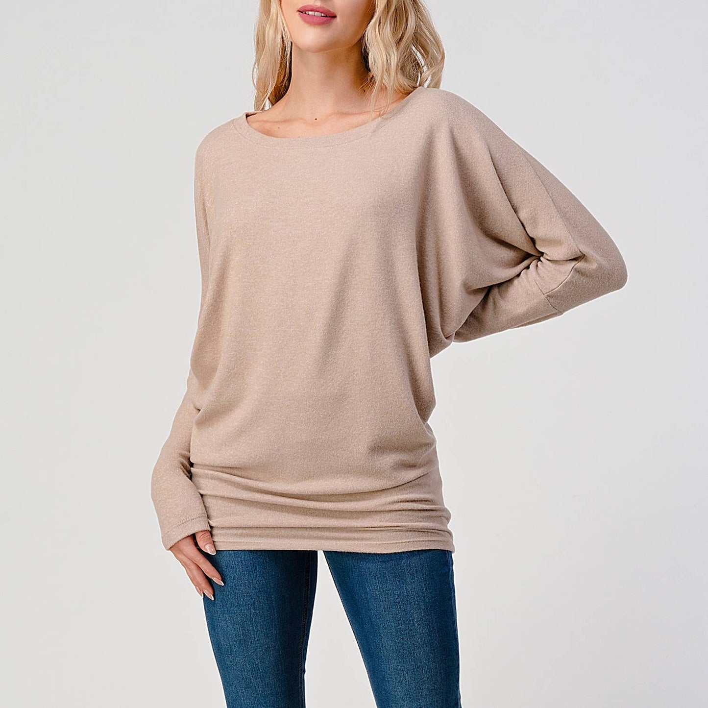 Heimious - Long Dolman Sleeve Round Neck Brushed Knit Top, 2739: Navy / S