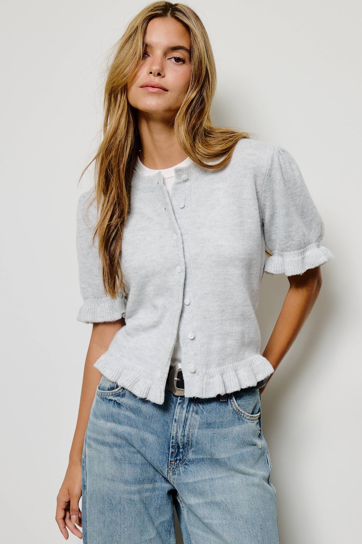 Mimosa - Puff Sleeve Ruffle Hem Knit Cardigan: Ivory / M